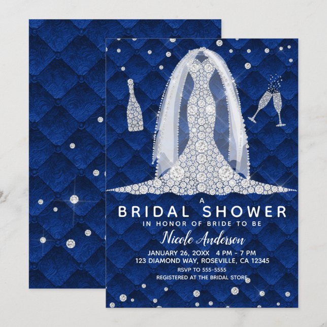 Diamond Wedding Dress Royal Blue Brautparty Einladung (Vorne/Hinten)