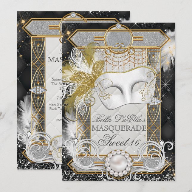 Diamond White Pearl Masquerade Einladung (Vorne/Hinten)