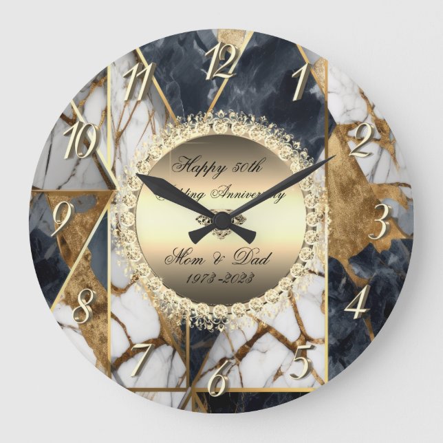 Diamonds Black Abstrakt Marble 50. Hochzeit Große Wanduhr (Vorderseite)