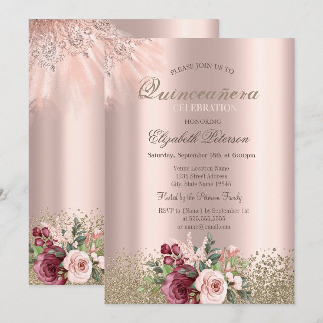 Diamonds Blume Rose Gold Quinceañera Einladung (Vorne/Hinten)