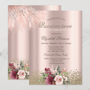 Diamonds Blume Rose Gold Quinceañera Einladung