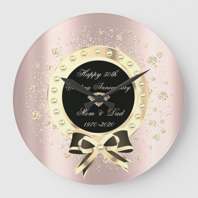 Diamonds Bow Confetti Rose Gold Anniversary Große Wanduhr (Vorderseite)