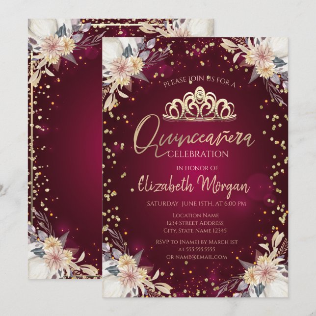 Diamonds Burgundy Pumpkin Floral Quinceañera Einladung (Vorne/Hinten)