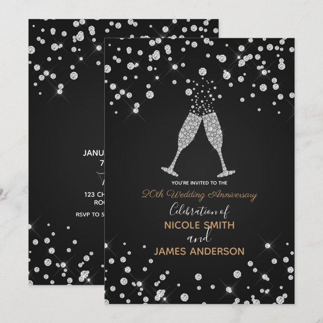Diamonds Champagne Toast Modern Chic Jubiläum Einladung (Vorne/Hinten)