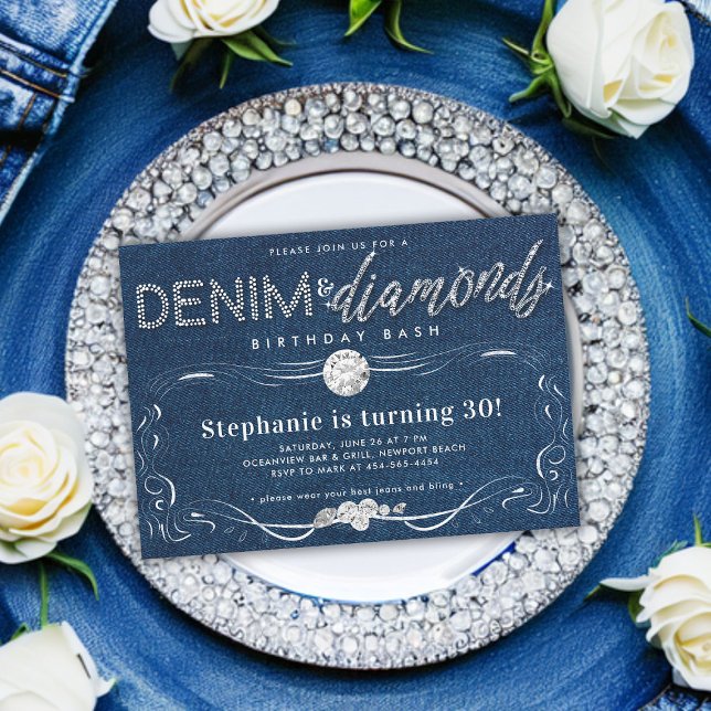 Diamonds Denim Blühte Rahmen Klasse 30. Geburtstag Einladung (denim and diamonds 30th birthday party classy modern simple whimsical flourish script hand written )