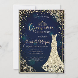 Diamonds Dress Tiara Navy Blue Quinceañera Einladung