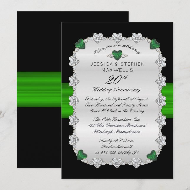 Diamonds Emeralds Green 20. Hochzeitstag Einladung (Vorne/Hinten)