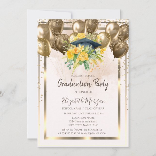 Diamonds Floral Grad Cap Balloons Cream Abschluss Einladung (Vorderseite)