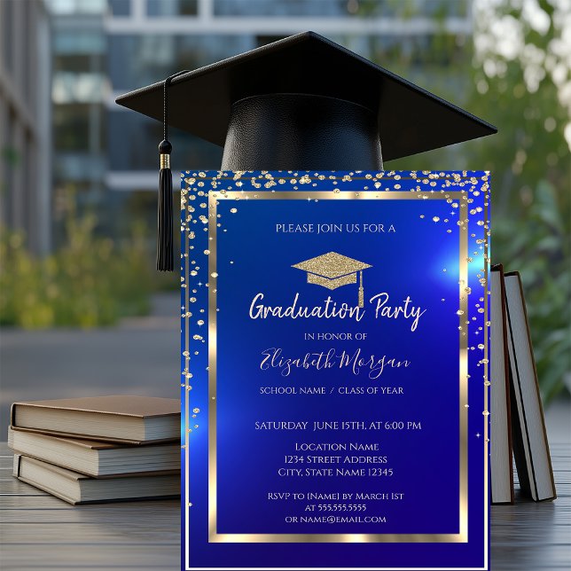 Diamonds Frame Gold Grad Cap Blue Abschluss Einladung (Von Creator hochgeladen)