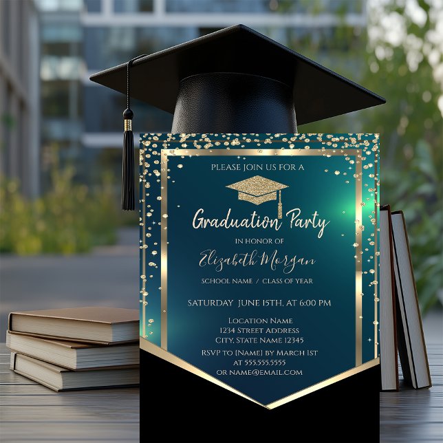 Diamonds Gold Grad Cap Green Abschluss Einladung (Von Creator hochgeladen)