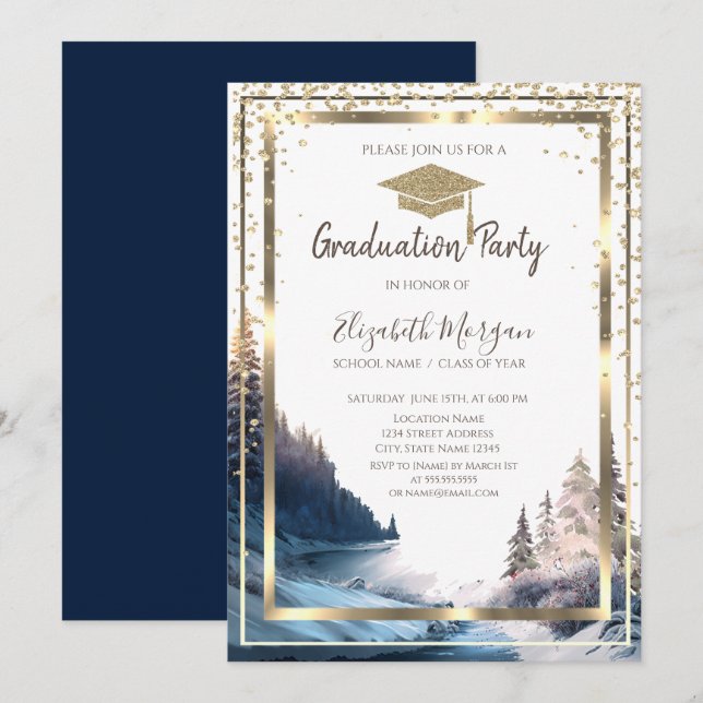 Diamonds Gold Graduation Cap Landscape Abschluss Einladung (Vorne/Hinten)