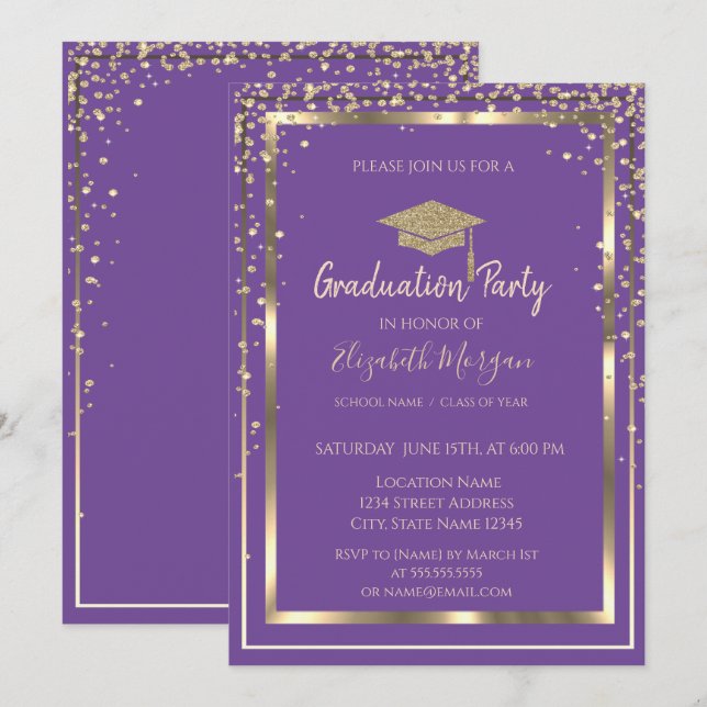 Diamonds Gold Graduation Cap Violet Abschluss Einladung (Vorne/Hinten)