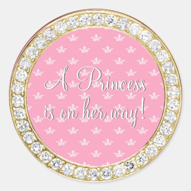 Diamonds Gold Pink Princess Crown Baby Dusche Runder Aufkleber (Vorderseite)