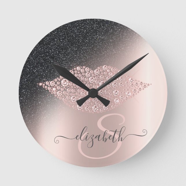 Diamonds Lips Glitzer Ombre Rose Gold Runde Wanduhr (Vorderseite)