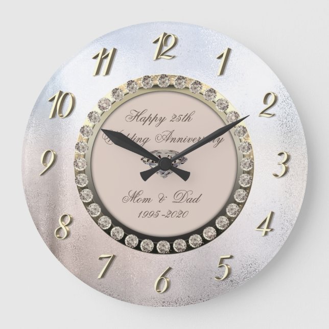Diamonds Metallic 25. Hochzeitstag Große Wanduhr (Vorderseite)
