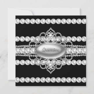 Diamonds Pearls Black Quinceanera Einladung