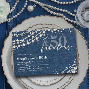 Diamonds Pearls Denim Chic Fabulous 50. Geburtstag Einladung