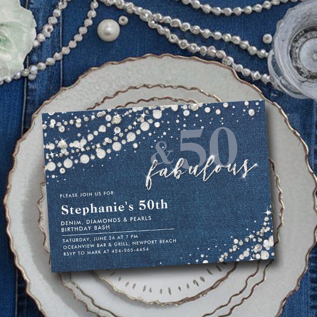 Diamonds Pearls Denim Chic Fabulous 50. Geburtstag Einladung (50th birthday invitation women denim diamonds pearls modern elegant classy chic bling glitz glam)