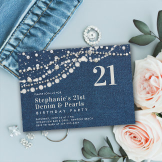Diamonds Pearls Denim Elegant Classy 21. Geburtsta Einladung