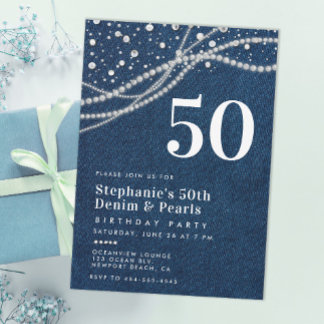 Diamonds Pearls Denim Elegant Classy 50. Geburtsta Einladung