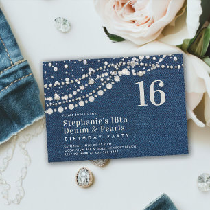 Diamonds Pearls Denim Elegant Klasse Chic Sweet 16 Einladung