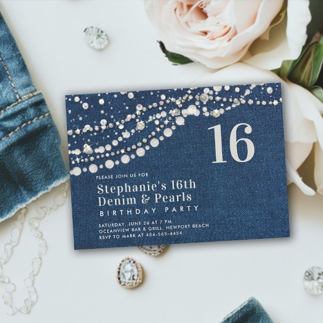 Diamonds Pearls Denim Elegant Klasse Chic Sweet 16 Einladung (denim diamonds pearls sweet 16 birthday party invitation modern contemporary classy elegant chic)