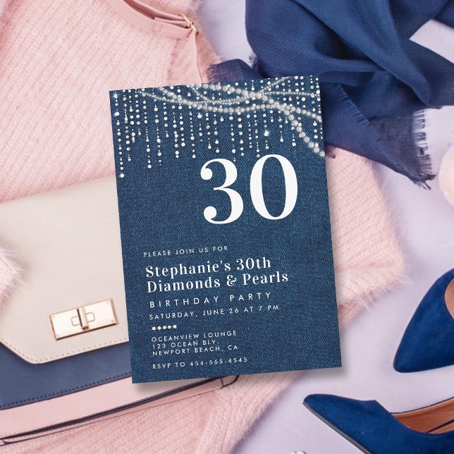 Diamonds Pearls Denim Moderne Klasse 30. Geburtsta Einladung (diamonds and pearls 30th birthday party invitation for women elegant classy modern chic glam thirty)