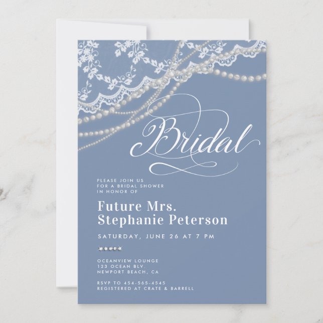 Diamonds Pearls Lace Etwas Blue Brautparty Einladung (Vorderseite)