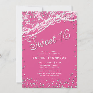 Diamonds Pearls Lace Girly Pink Elegant Sweet 16 Einladung