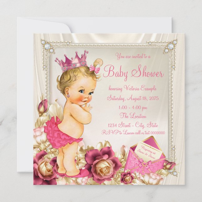 Diamonds Pearls Satin Pink Princess Baby Dusche Einladung (Vorderseite)