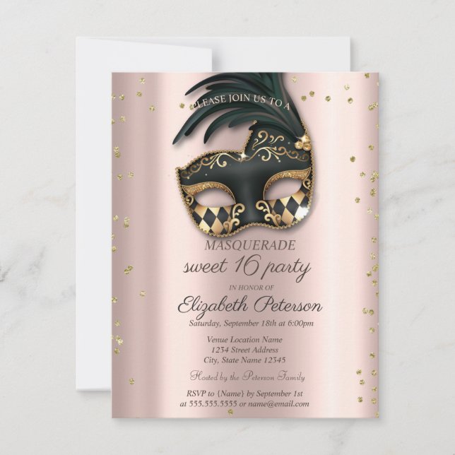  Diamonds Rose Gold Black Masquerade Sweet 16   Einladung (Vorderseite)