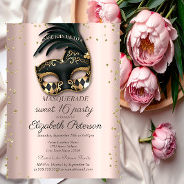 Diamonds Rose Gold Black Masquerade Sweet 16 Einladungspostkarte