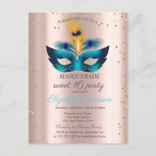 Diamonds Rose Gold Blue Masquerade Sweet 16 Einladungspostkarte