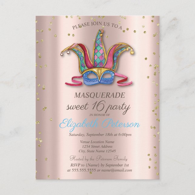 Diamonds Rose Gold Farbige Maske Sweet 16 Einladungspostkarte (Vorderseite)