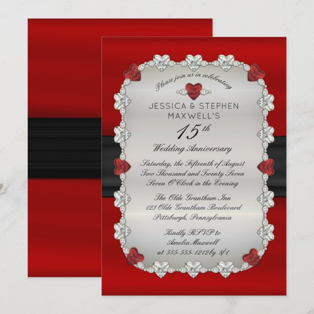 Diamonds Rubies Red 15. Hochzeitstag Einladung (Vorne/Hinten)