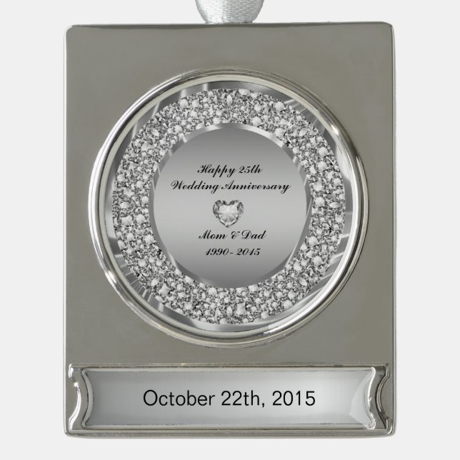 Diamonds & Silver 25th Wedding Anniversary Banner-Ornament Silber (Vorderseite)