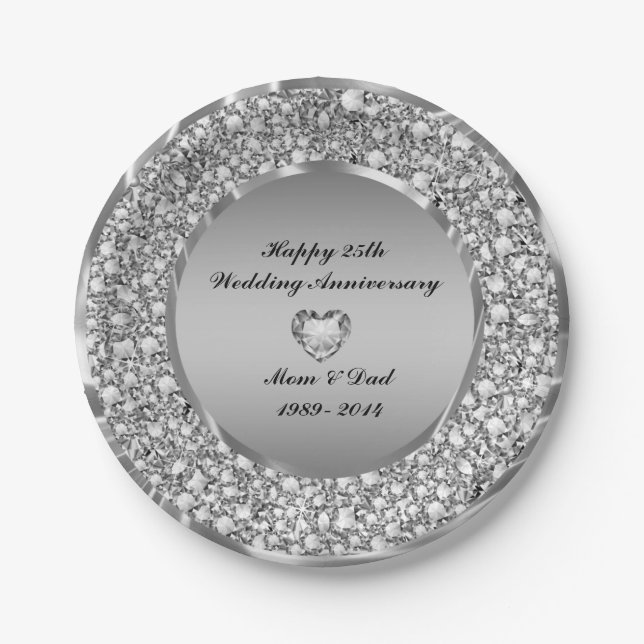 Diamonds & Silver 25th Wedding Anniversary Pappteller (Vorderseite)
