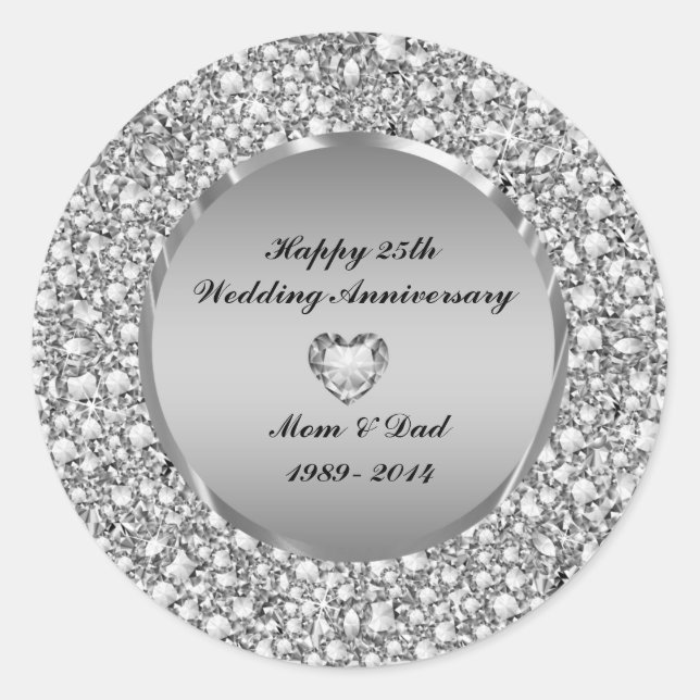 Diamonds & Silver 25th Wedding Anniversary Runder Aufkleber (Vorderseite)
