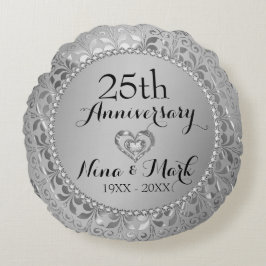 Diamonds & Silver 25th Wedding Anniversary Rundes Kissen