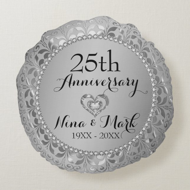 Diamonds & Silver 25th Wedding Anniversary Rundes Kissen (Rückseite)