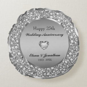 Diamonds & Silver 25th Wedding Anniversary Rundes Kissen