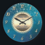 Diamonds Stars Blue 50 Wedding Anniversary Große Wanduhr<br><div class="desc">Elegant gold diamonds and stars on blue wedding anniversary clock.</div>