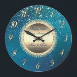 Diamonds Stars Blue 50 Wedding Anniversary Große Wanduhr<br><div class="desc">Elegant gold diamonds and stars on blue wedding anniversary clock.</div>