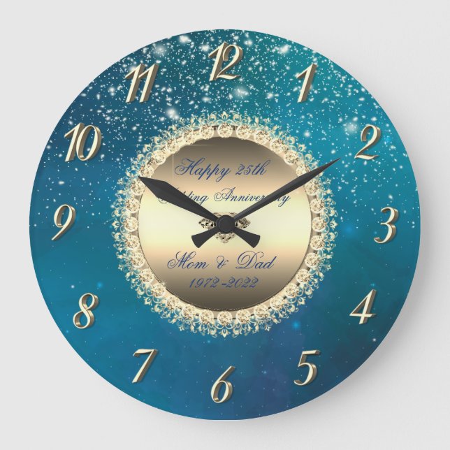 Diamonds Stars Blue 50 Wedding Anniversary Große Wanduhr (Vorderseite)