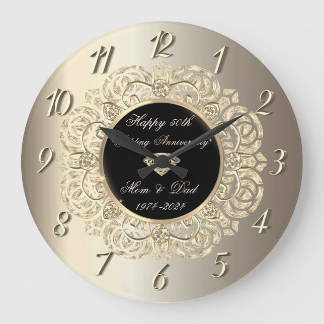 Diamonds Wirbel Champagne 50. Hochzeitstag Große Wanduhr (Vorderseite)