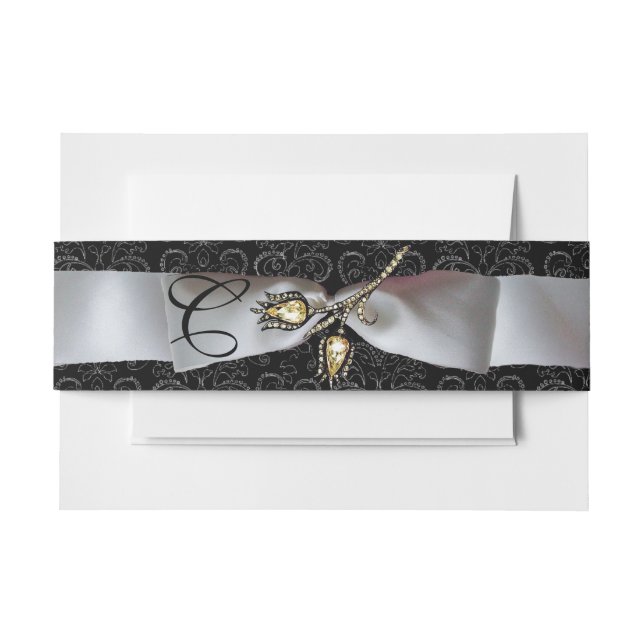 DIAMONOND TULIPS Schwarz-weiß Damask Ribbon Monogr Einladungsbanderole (Vorderseite Beispiel)