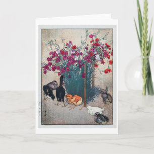 Dianthus & Chicks, Hiroshi Yoshida, Woodcut Karte