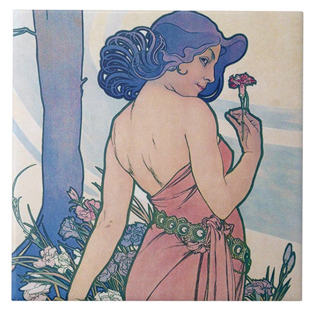 Dianthus (vier Blume), Alphonse Mucha Fliese (Vorderseite)