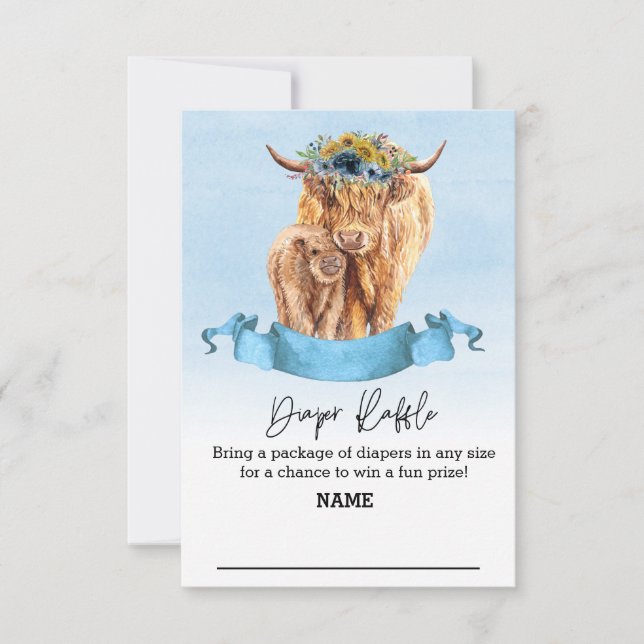 Diaper Raffle Blue Boy Highland Cow Baby Dusche Einladung (Vorderseite)