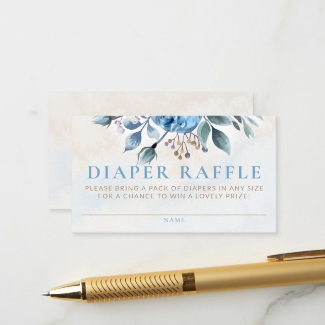 Diaper Raffle Dusty Blue Rose Bloom Baby Dusche Begleitkarte (Vorderseite/Rückseite Beispiel)